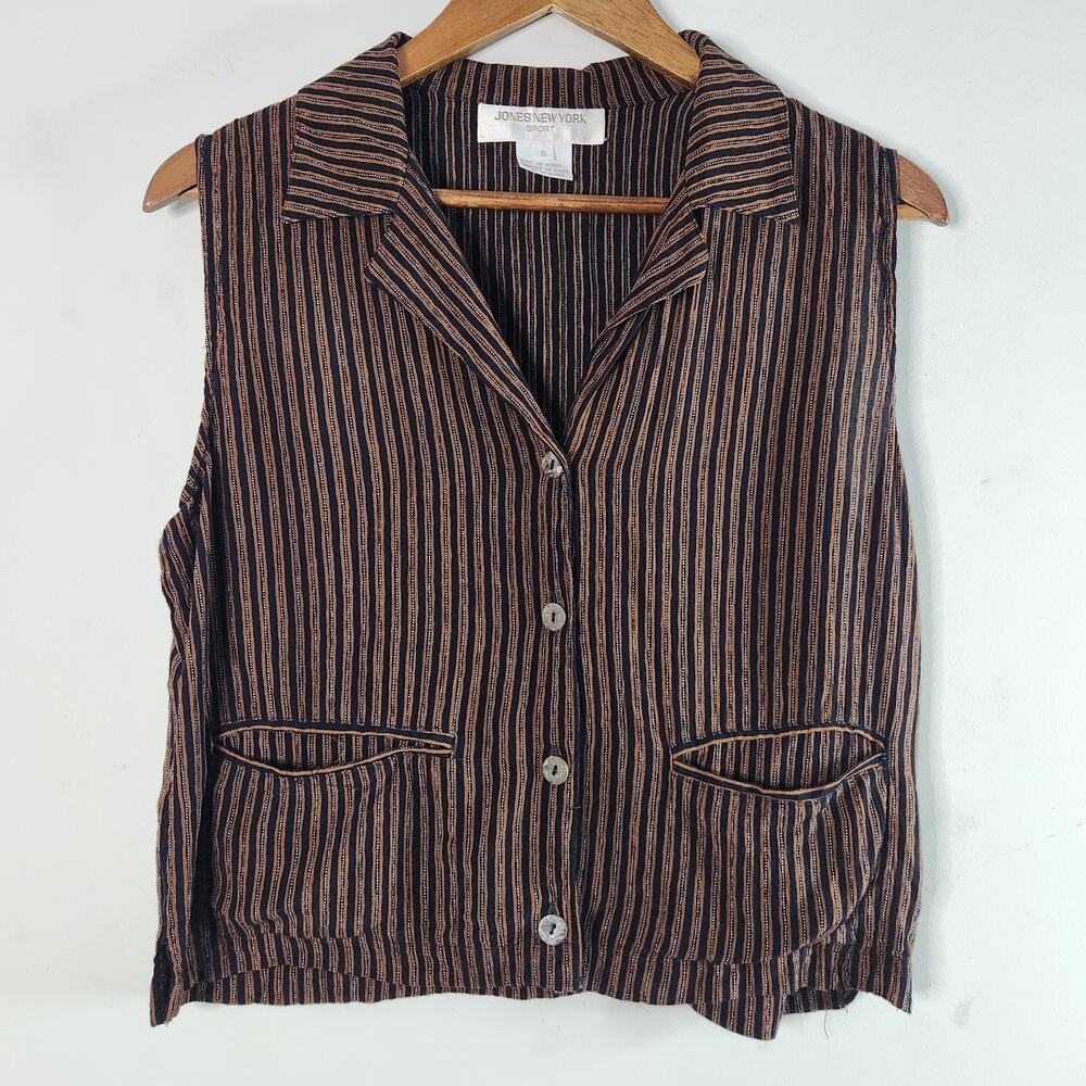 Vintage Jones New York Womens Striped Cropped Button Up Blouse Size 6 90s Y2K